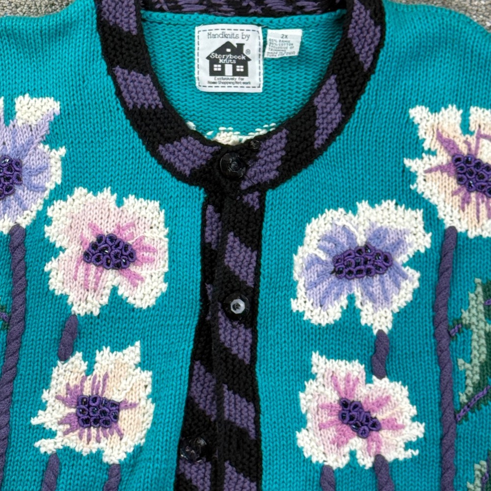 VTG 90s STORYBOOK KNITS Floral Beaded cottagecore cardigan 2X Teal Sweater
